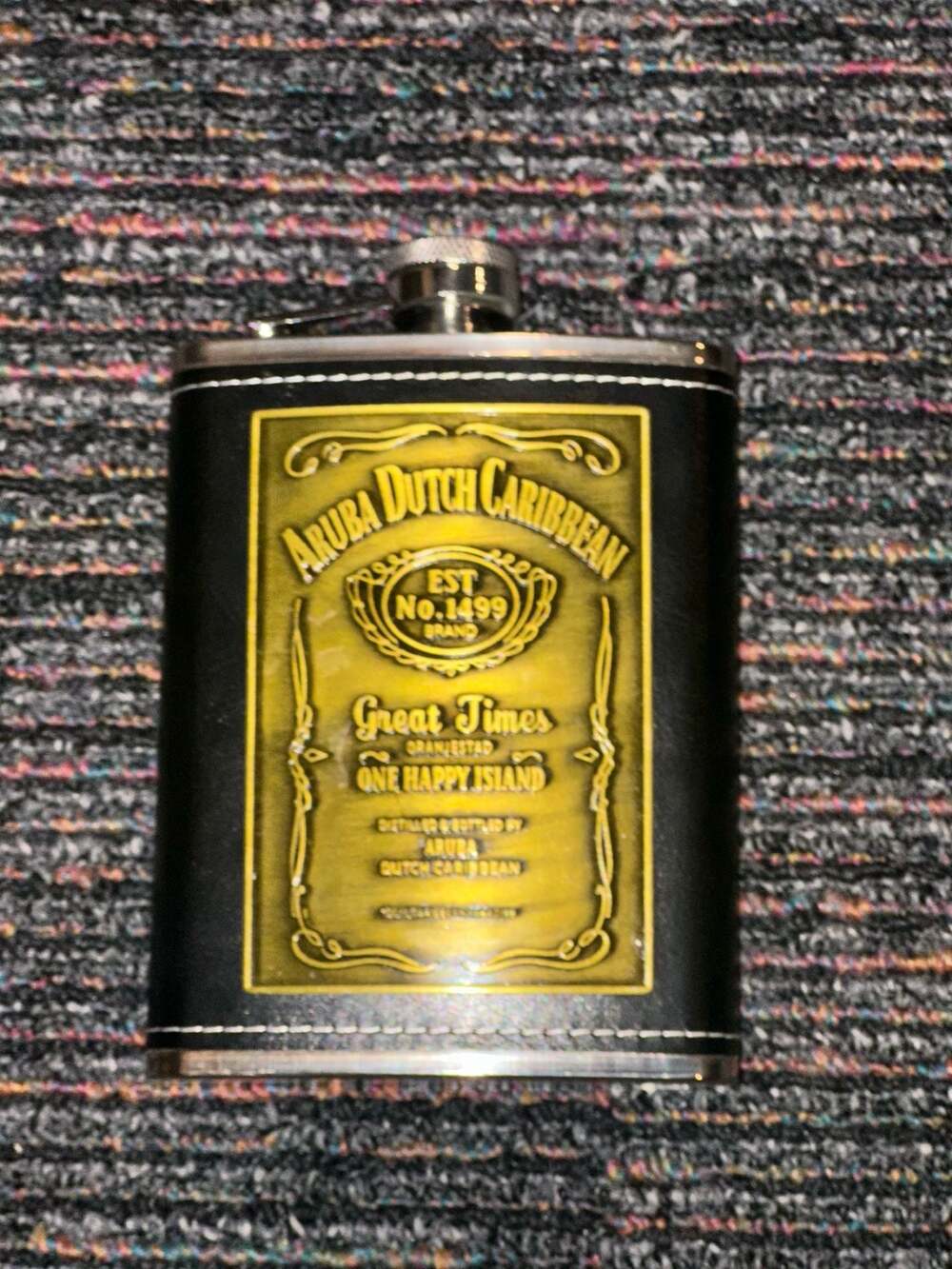 Aruba Dutch Caribbean Souvenir Stainless Steel Leather-Wrapped Hip Flask
